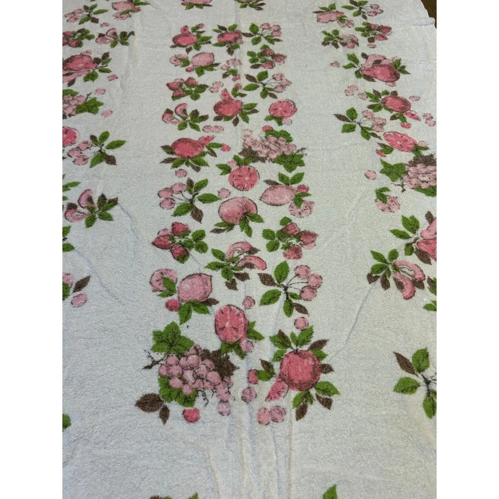 Vintage Fruit Floral Oversized Beach Towel Pink Green White Terry Cloth 46x81